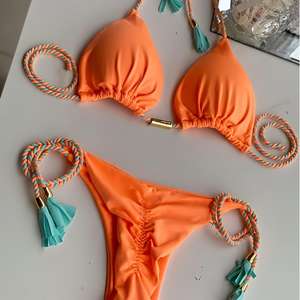 Ensemble de maillots de bain 2 pièces pour femme 2025, dos nu, en corde tressée, avec appliques en dentelle et strass, à pampilles, sexy et luxueux, pour la plage - Product Image 1