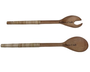 Best Quality Wooden <b>Salad</b> Server Set With Rattan Handle Eco Material Wicker Handle Cutlery <b>Salad</b> <b>Tools</b> Spoon Fork Kitchen <b>Tools</b> - Product Image 1