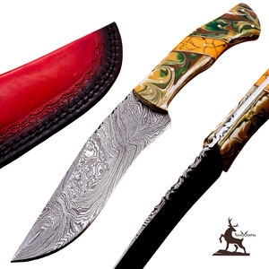 OEM Customizable Damascus Steel Hunting <b>Knife</b> Handmade Resin Handle Wood Horn Material <b>Twisted</b> Pattern Leather Sheath for EDC - Product Image 1