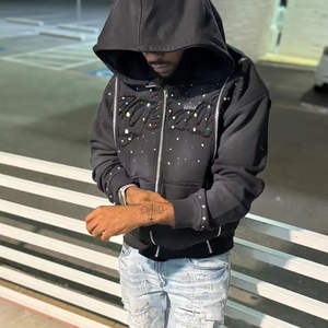 Sudadera Corta con Triple Cremallera para Hombre, 420GSM, Lavado Ácido, Estilo Urbano, con Apliques Bordados y Detalles de Pedrería - Product Image 5