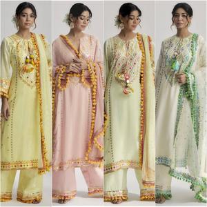 Georgette de imitación pesada con trabajo de secuencia de bordado pesado con espejo Real Trabajo hecho a mano con pompón Menos borde con manga completa - Product Image 1