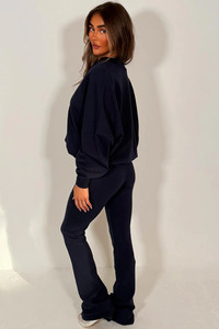 Wholesale Premium Navy Women's Plus Size Casual Solid 2-Piece Zip <b>Bell</b> Bottom Breathable Polyester/Cotton Fleece Tracksuit Set - Product Image 5