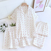Piyama Wanita 3 Potong Bahan Katun Gauze Bernapas, Lengan Pendek, Celana Pendek, Pinggang Elastis, Katun Tipis, Pakaian Rumah untuk Musim Semi
