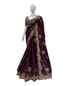 Sari indien traditionnel fait main à la main, style designer tendance, imprimé feuille d'or, protection solaire, pour adultes, mariage, fête, vêtements de mode - Product Image 1