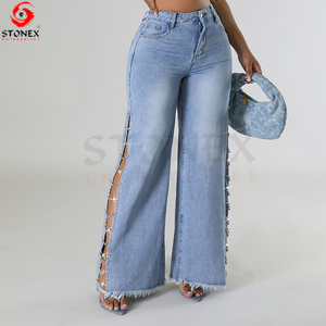 2023 precio de venta completo pantalones vaqueros azules de moda y Top Sexy conjunto de 2 piezas en tendencia pantalones vaqueros y Chaqueta de algodón para mujer - Product Image 2