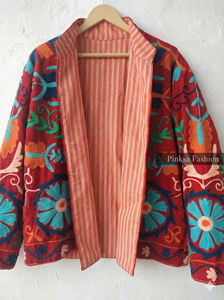 Wholesale Blue Floral Embroidered Cotton Knitted Eco-Friendly Windproof <b>Jacket</b> <b>for</b> <b>Women</b> Handmade Suzani Ethnic Style Winter - Product Image 2