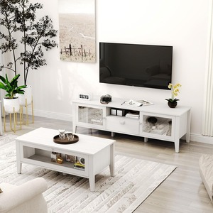 Mobile TV Moderno Bianco in Legno con Ante in Vetro e Armadietti per TV fino a 65 Pollici - Product Image 1