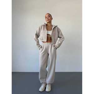 Womens Light <b>Pink</b> Full Zip <b>Tracksuit</b> Heavyweight Hooded Jacket And Matching Wide-Leg Trackstar OEM Private Label - Product Image 4