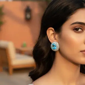 Trendy <b>Silver</b> Blue Gemstone <b>Stud</b> <b>Earrings</b> <b>for</b> <b>Women</b> Daily Wear Diamond Pearl Geometric Pattern Brass Rhodium <b>for</b> Party Gift - Product Image 3