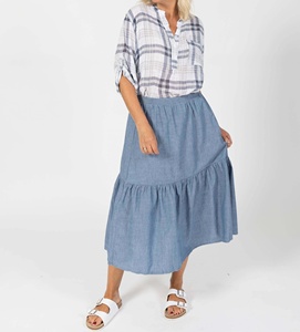 New Custom High Waist Blue Women's Long <b>Skirt</b> with Tiered Silhouette <b>Elastic</b> Waist Ruffles 100% Cotton Casual <b>Skirt</b> - Product Image 4