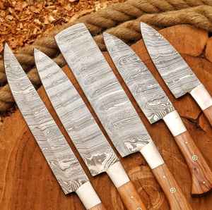Juego de Cuchillos de Chef de 5 Piezas de Acero de Damasco de Alta Calidad, Hechos a Mano, Venta Caliente, Uso en Cocina, Directo de Fábrica, con Mango de Madera y Funda - Product Image 2
