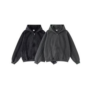 100% coton Streetwear bord dommage neige lavage conception impression numérique Patchwork surdimensionné fermeture éclair polaire à capuche doublure d'hiver - Product Image 3