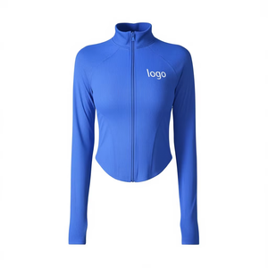 Chaqueta de yoga para mujer con cremallera completa, manga larga, de spandex y nailon, de secado rápido, transpirable, ecológica, ajustada, de color sólido, con logo personalizado. - Product Image 1