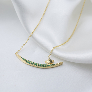 Moon and Star Design Round Cut Emerald Stone Charm Necklace Turkish Handmade Wholesale 925 Sterling Silver Jewelry - Product Image 2