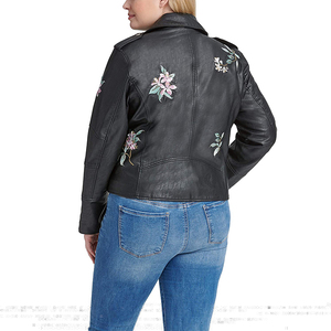 Chaqueta de motorista de cuero genuino de talla grande para mujer, abrigo de Moto con bordado Floral negro, abrigo de manga larga con cremallera frontal para invierno - Product Image 6