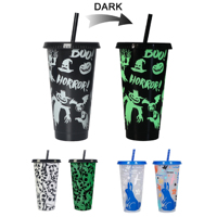 Gobelets en plastique personnalisés phosphorescents de 24 oz avec couvercle et paille, réutilisables, pour fêtes, vente en gros, pour fête phosphorescente d'Halloween
