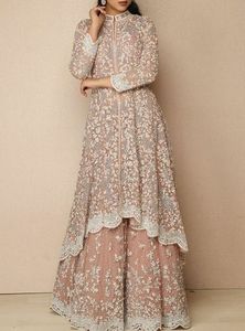 2024 elegante vestido Anarkali Sarara para fiestas Dabka trabajo cuentas de cristal decoración de encaje con lentejuelas botón cintura - Product Image 2