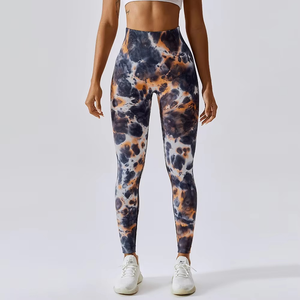 Pantalones de Yoga de cintura alta para mujer Nueva moda Tie-Dye Leggings sin costuras Logotipo personalizado Peach Hip Sports Cordón ajustado - Product Image 4