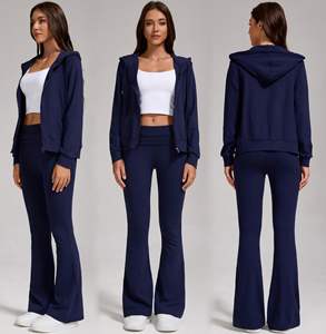 Custom Women's Y2K Retro Athleisure Sportswear Flared Hoodie y Bootcut Pants Patrón sólido Co-Ord de dos piezas - Product Image 4