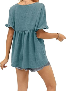 Elegante Blusa Holgada Tipo Babydoll para Mujer, Color Verde Azulado, Manga Corta con Volantes, Material Ligero, Cuello en V, Estilo Veraniego - Product Image 4