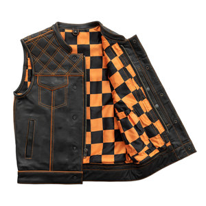 Chaleco de moto a cuadros naranja personalizado para hombre Chaleco de motorista de piel de oveja hecho a mano de cuero genuino chaleco - Product Image 4