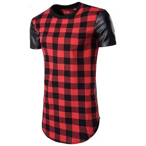 Новейший дизайн, фланелевая футболка с кожаным рукавом, облегающие дизайнерские удлиненные футболки в клетку, летние модные футболки на заказ