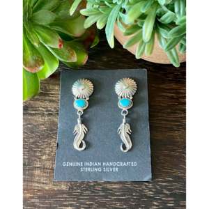 Daniel Benally Kingman Turquoise <b>Sterling</b> <b>Silver</b> Feather Drop <b>Dangle</b> <b>Earrings</b> - Product Image 1