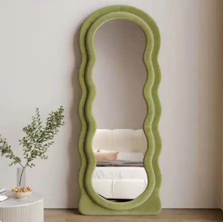 Elegante espejo francés de cuerpo entero con marco tapizado suave de forma única para decoración de dormitorio, pasillo y sala de estar