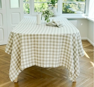 Linge de table vichy classique <span class=keywords><strong>Beige</strong></span> grille blanche à carreaux fait à la main <span class=keywords><strong>nappe</strong></span> de dîner de ferme en <span class=keywords><strong>lin</strong></span> lavé - Product Image 3