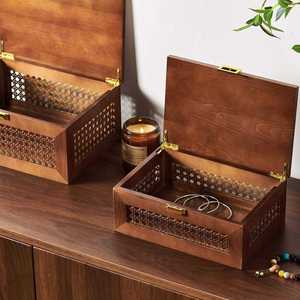 Rattan Wood Storage <b>Boxes</b> Solid Wood Baskets Box with Lid <b>Keepsake</b> Memory Jewelry Box - Product Image 3
