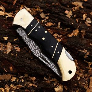 Custom Handmade Mini Pocket <b>Knife</b> Damascus Steel <b>Folding</b> <b>Knife</b> With Leather Sheath Bone Handle Camping Made Pakistan OEM Support - Product Image 3