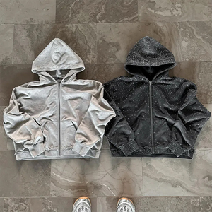 Fabricante personalizado Rhinestone Boxy Cropped Men Diamond 420gsm Heavyweight Acid Wash Zip up Hoodie - Product Image 3