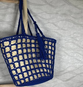 Sac fourre-tout marocain en paille tressé à la main avec crochet bleu, panier de marché français, sac bohème pour la plage - Product Image 2