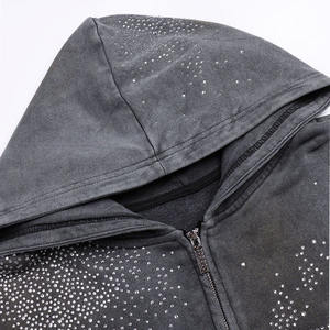 Sudadera con capucha con cremallera Vintage desgastada de alta calidad con diamantes ostentosos para hombre, sudaderas con capucha con cremallera desgastada con diamantes de imitación - Product Image 5