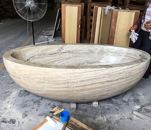 Vasca da Bagno Ovale in Travertino PerfectStone, Vasca Freestanding Solida per Bagno Residenziale Moderno - Product Image 4