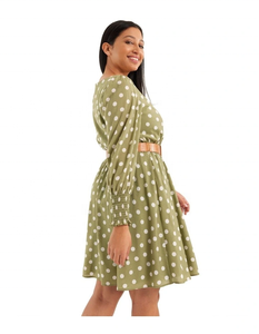 ชุดเดรสลายจุดเซ็กซี่ ปี 2026 คอกลม แขนยาว แต่งปลายแขนจับจีบ พร้อมเข็มขัดรัดเอวแบบยืดหยุ่น - Product Image 2