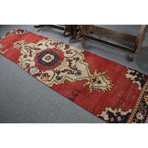 Tapis de 2,8 x 11,1 pieds, tapis turc vintage, tapis en laine rouge et bleu uni - Product Image 4