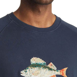 Unisex Crew Neck <b>Sweatshirt</b> <b>Navy</b> Blue Knitted Cotton Hand Embroidered Fish Pattern Casual Pullover Regular Fit Autumn Wear - Product Image 6