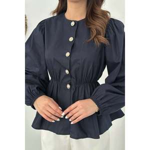 Chemisier bleu marine avec taille élastiquée et manches ballon - Bleu marine - Product Image 4