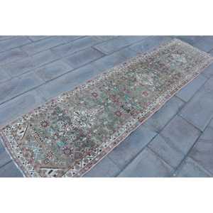 2.6x9.8 ft Vintage Runner Rug, <b>Brown</b> Blue Turkish Polka dot <b>Wool</b> Rug - Product Image 3