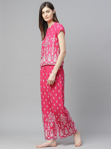 Pijama de Rayón para Mujer con Estampado Geométrico, Manga Corta, Cuello Redondo, Ajuste Cómodo y Relajado, Color Rosa - Product Image 5