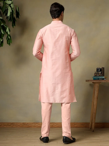 CHAAP, conjunto de Kurta de seda de algodón rosa salmón para hombre, cuello de banda de estilo Vintage, Pasteles, Kurta recto para fiesta, boda, Diwali Beach - Product Image 6