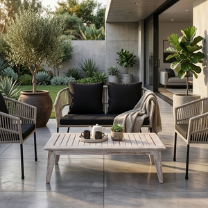 <b>Grey</b> Outdoor Garden Furniture <b>Set</b> Aluminium Frame Woven Rope Sofa Armchairs Wooden Coffee <b>Table</b> Patio Decor Setup Art Design - Product Image 3