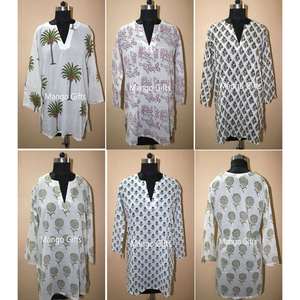 Indian Women's Summer Fashion 100% Cotton <b>Kurti</b> <b>Tops</b> Hand Block Printed V-Neck Casual <b>Tops</b> - Product Image 1
