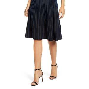Anne Klein Women's Striped Pleated <b>Skirt</b> Below the Knee <b>Elastic</b> Waist Black Size Large - Product Image 3