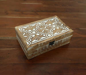 Luxury Handcrafted Whitewashed <b>Wooden</b> Jewelry <b>Box</b> <b>With</b> Intricate Ornate Lattice Carved <b>Lid</b> Rectangular <b>Storage</b> Organizer For - Product Image 6