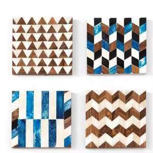 Posavasos indios de nogal con incrustaciones de hueso tradicional azul y blanco Posavasos con incrustaciones de hueso hechos a mano para uso en comedor - Product Image 1