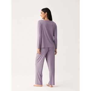 Ensemble de pyjama personnalisé haut de gamme pour la maison, confortable et relaxant, en tricot de bambou, avec dentelle, motifs géométriques et animaux de dessin animé, doux, en élasthanne, taille élastique - Product Image 5