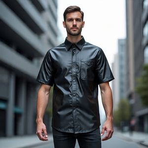 Camisas de cuero genuino con bolsillo frontal de manga corta a prueba de viento para Hombre | Camisas informales de cuero de oveja con botones y cuello vuelto para hombre - Product Image 1