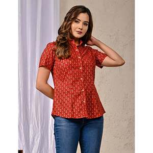 Red Poplin Cotton Printed <b>Half</b> Sleeves <b>Shirt</b> for Women Stand Collar Embroidered Decoration Viscose Rayon XS XL Long for Autumn - Product Image 5